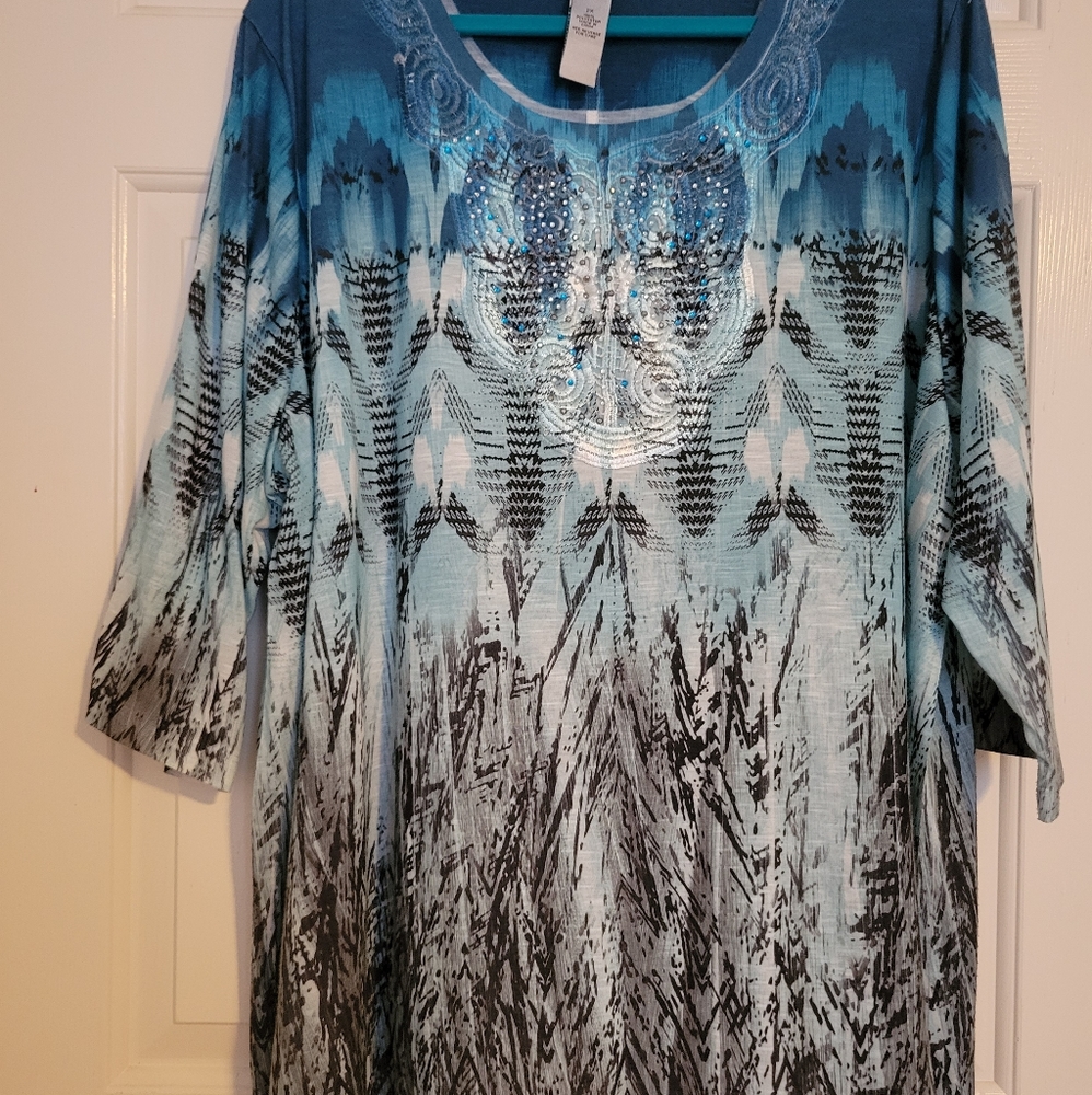 Teal/grey 3/4 sleeve knit shirt, 2X